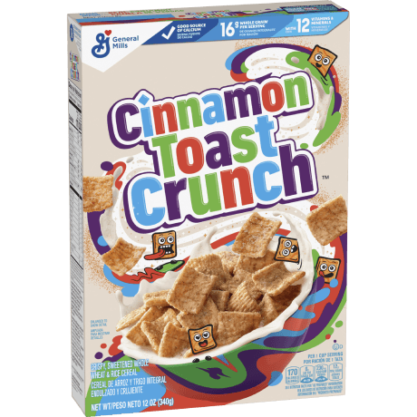 Cinnamon Toast Crunch cereal box, frente del paquete.
