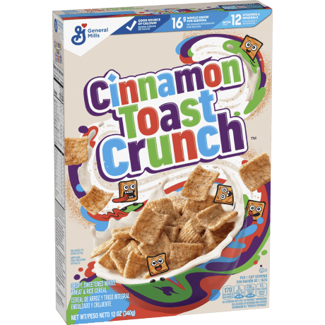 Cinnamon Toast Crunch cereal box, frente del paquete.