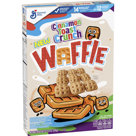 Cinnamon Toast Crunch Waffle Cereal, front of package.