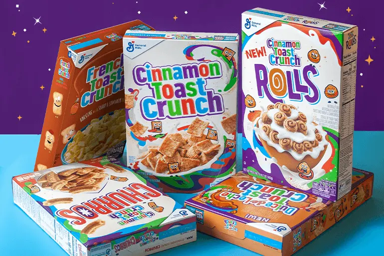 Arranged group of Cinnamon Toast Crunch product boxes.