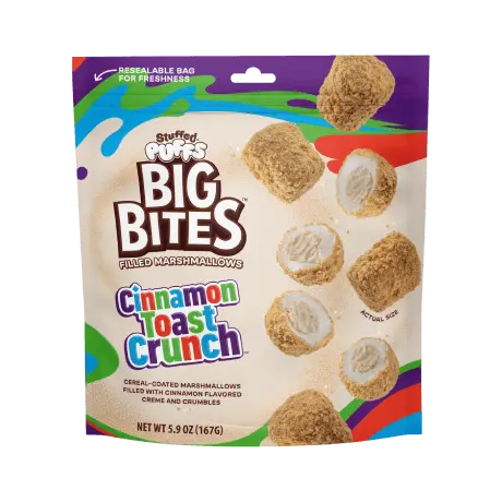 Stuffed Puffs Big Bites® Cinnamon Toast Crunch™ Filled Marshmallows, front of 5.9 oz. pouch.