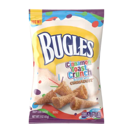 Bugles Cinnamon Toast Crunch with Cinnadust™, front of 3 oz. bag.