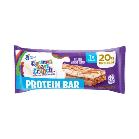 Individually wrapped Cinnamon Toast Crunch™ Protein Bar, front of product.