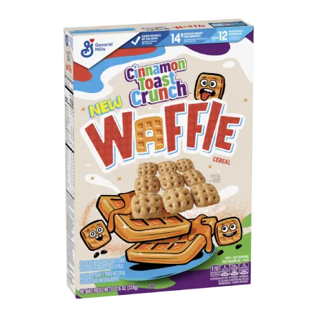Cinnamon Toast Crunch Waffle Cereal, front of package.